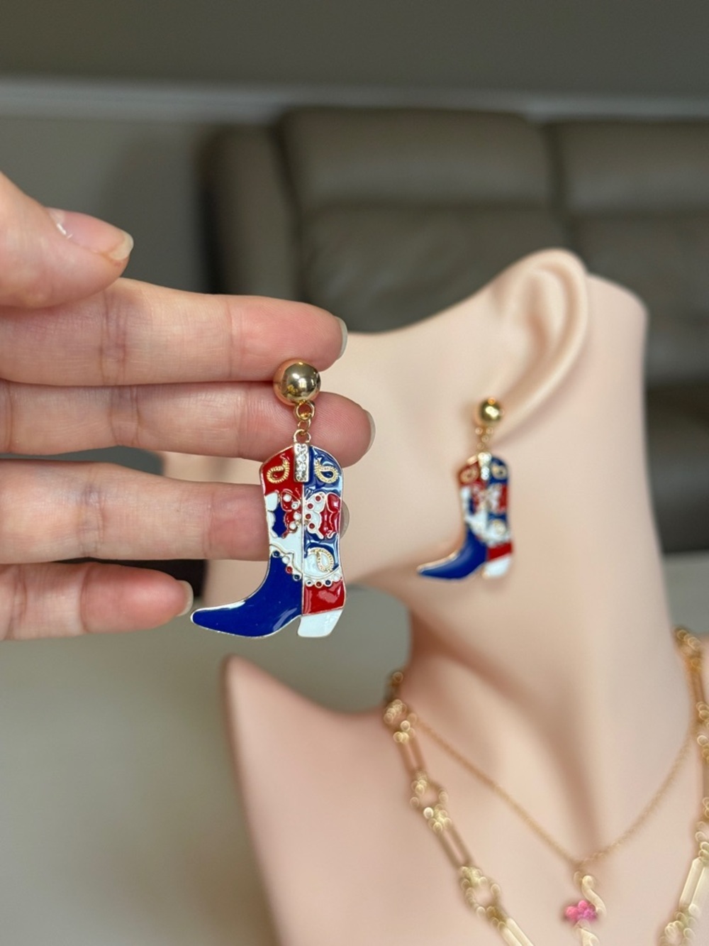Gold Red, White & Blue Cowgirl Boot Drop Earrings - Picture 5 of 11